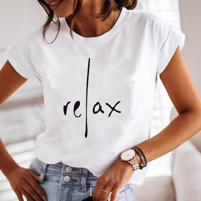 Relax Letter Print Round Neck Short Sleeve T-Shirt