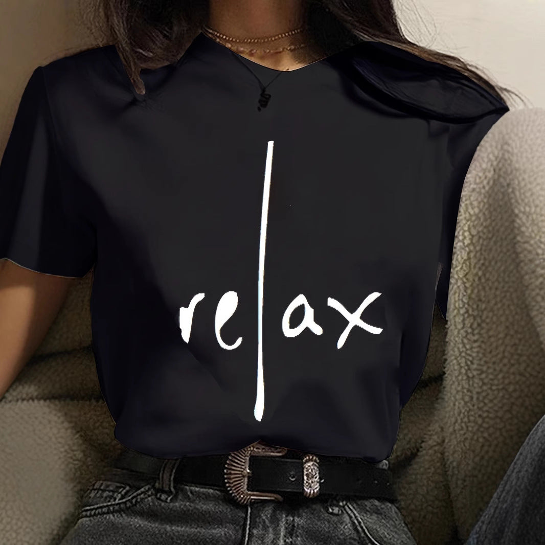 Relax Letter Print Round Neck Short Sleeve T-Shirt